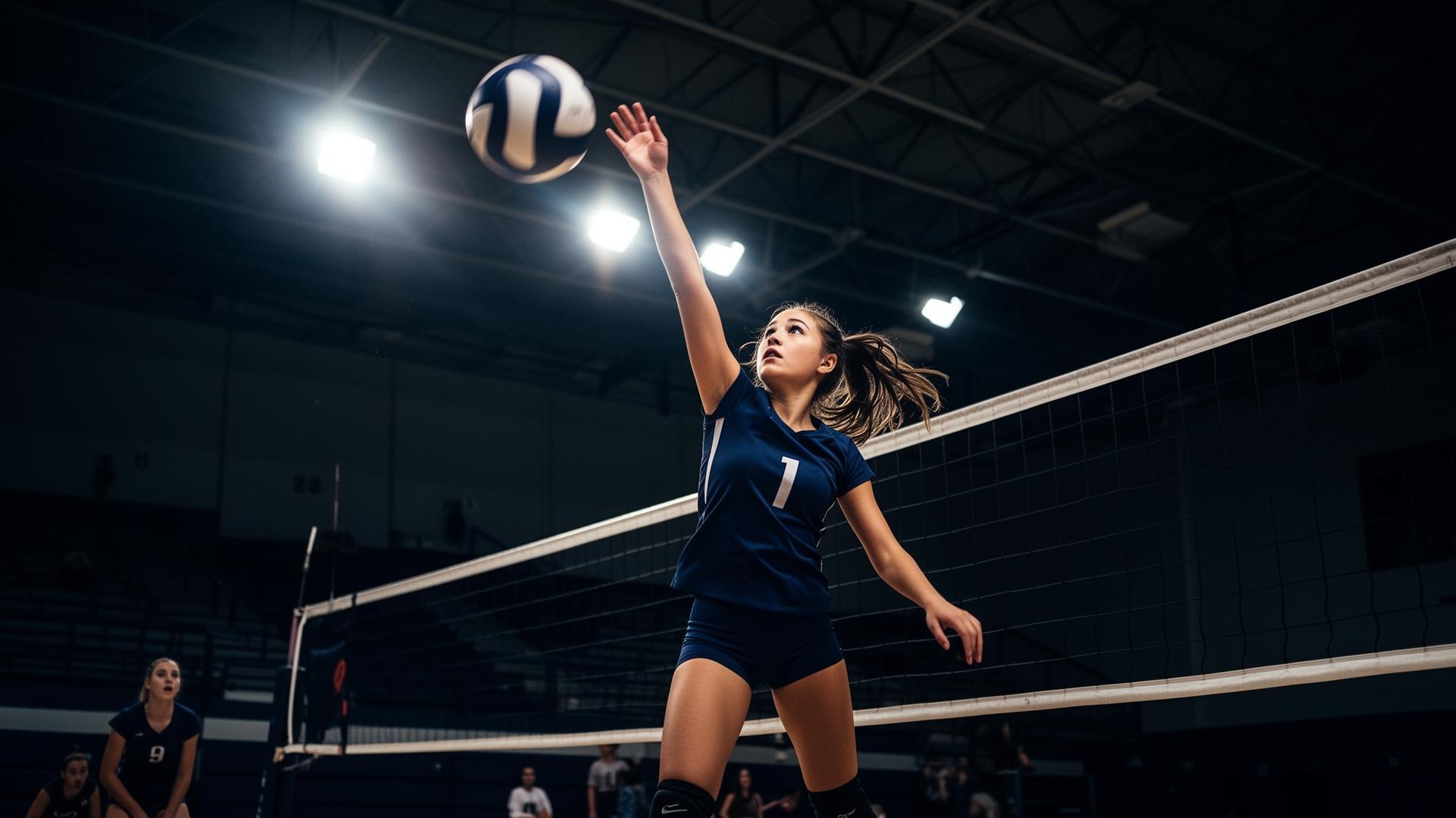 Sarasota Volleyball Club athlete spiking the ball mid-game